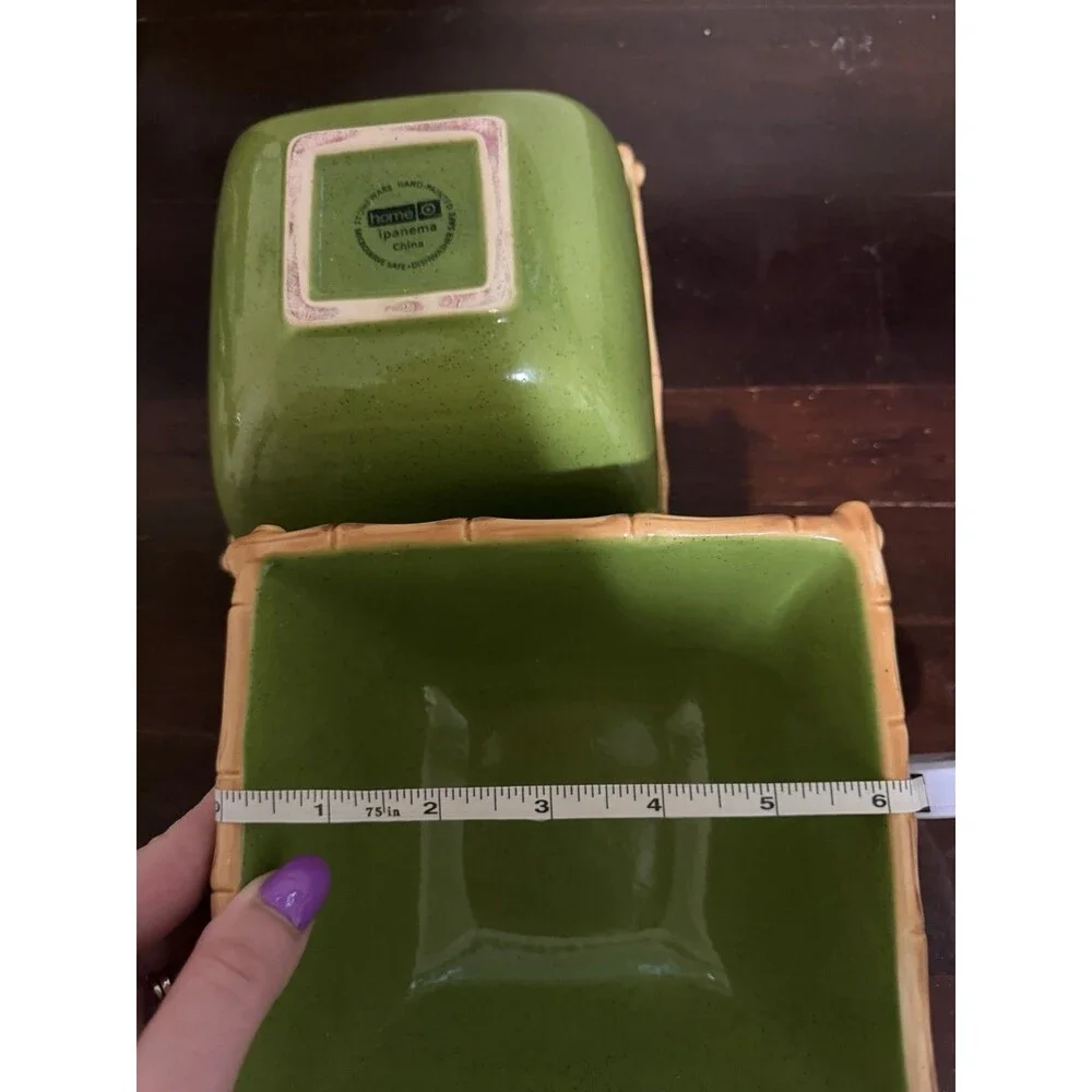 Ipanema Ceramic Bowls Green With Bamboo Trim Set Of 2